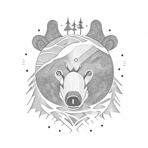 A nature-inspired tattoo with a bear exploring a lush forest filled with Spanish landmarks tattoo design idea