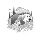 A nature-inspired tattoo with a bear exploring a lush forest filled with Spanish landmarks tattoo design idea