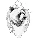 A nature-inspired tattoo with a bear exploring a lush forest filled with Spanish landmarks tattoo design idea