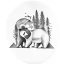 A nature-inspired tattoo with a bear exploring a lush forest filled with Spanish landmarks tattoo design idea