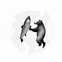 A bear catching a salmon in a pixelated gaming world tattoo design idea