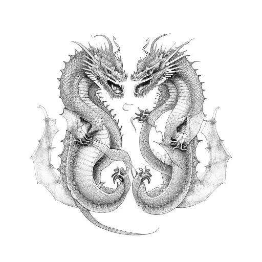 2 dragons wrapping around arm with 火の意志 in the middle  tattoo design idea