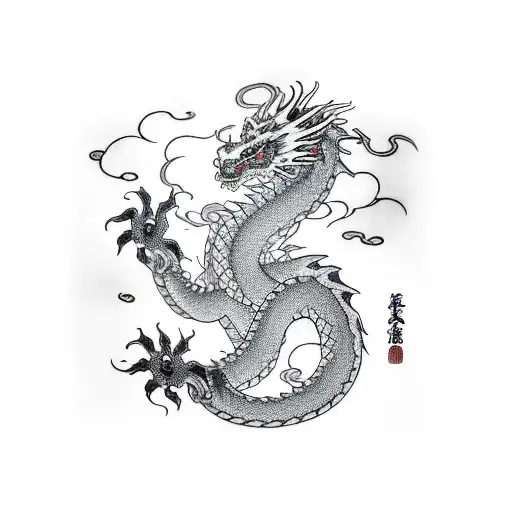 dragon wrapping around arm with 火の意志 in the middle  tattoo design idea