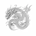 dragon wrapping around arm with 火の意志 in the middle  tattoo design idea