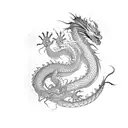 dragon wrapping around arm with 火の意志 in the middle  tattoo design idea