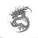 dragon wrapping around arm with 火の意志 in the middle  tattoo design idea