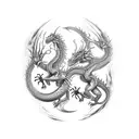 2 dragons wrapping around arm with 火の意志 in the middle  tattoo design idea