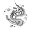 2 dragons wrapping around arm with 火の意志 in the middle  tattoo design idea