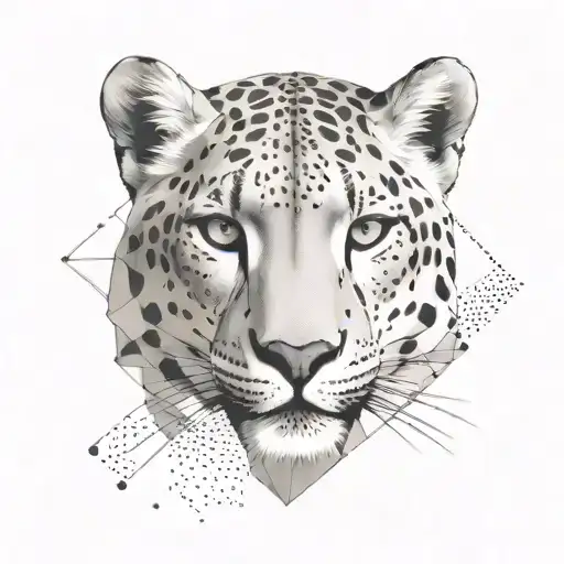 Surrounding the grimace in pain snow leopard's head are various geometric shapes, right face including overlapping trian tattoo design idea