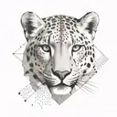 Surrounding the grimace in pain snow leopard's head are various geometric shapes, right face including overlapping trian tattoo design idea