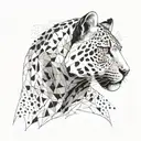 Surrounding the grimace in pain snow leopard's head are various geometric shapes, right face including overlapping trian tattoo design idea