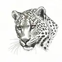 Surrounding the grimace in pain snow leopard's head are various geometric shapes, right face including overlapping trian tattoo design idea