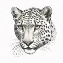 Surrounding the grimace in pain snow leopard's head are various geometric shapes, right face including overlapping trian tattoo design idea