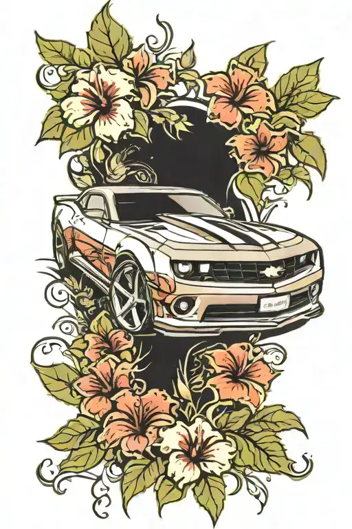 A Chevy Camaro racing through a field of hibiscus flowers, representing speed and beauty in new-school style tattoo design idea