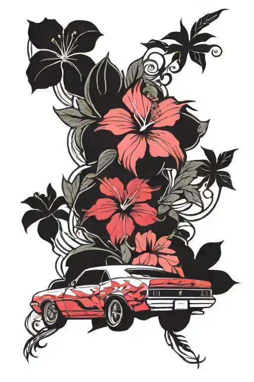 ford pinto, Chevy Camaro, hibiscus flower blooming tattoo design idea