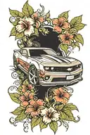 A Chevy Camaro racing through a field of hibiscus flowers, representing speed and beauty in new-school style tattoo design idea