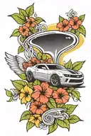 A Chevy Camaro racing through a field of hibiscus flowers, representing speed and beauty in new-school style tattoo design idea