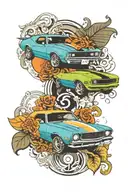 A Ford Pinto and Chevy Camaro merging into a yin and yang symbol, representing balance and harmony in neotraditional style tattoo design idea