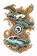 A Ford Pinto and Chevy Camaro merging into a yin and yang symbol, representing balance and harmony in neotraditional style tattoo design idea