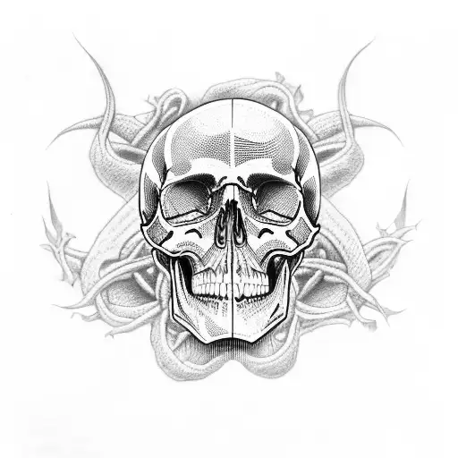 A skull emerging from a bed of serpents, with intricate dotwork shading tattoo design idea