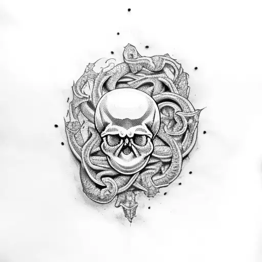A skull emerging from a bed of serpents, with intricate dotwork shading tattoo design idea