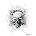 A skull emerging from a bed of serpents, with intricate dotwork shading tattoo design idea