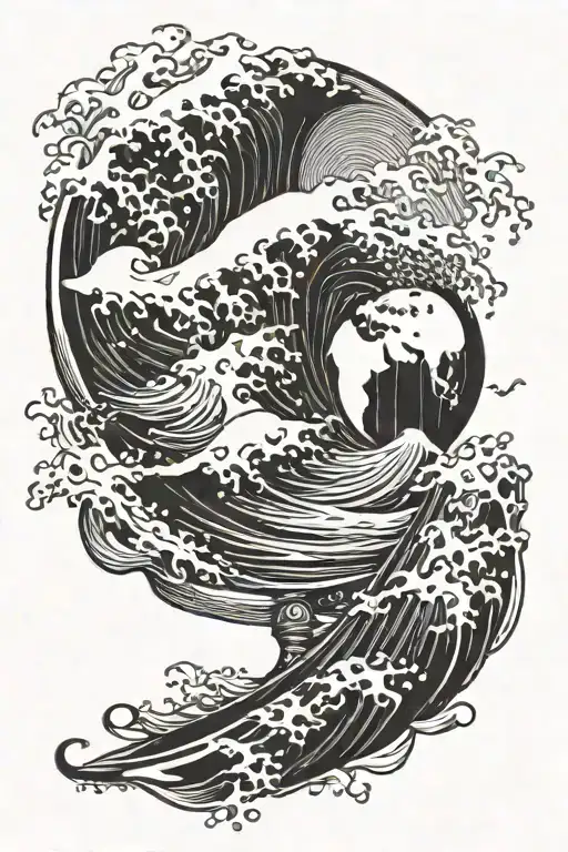 A wave crashing over a globe, symbolizing the client's love for surfing and travel tattoo design idea