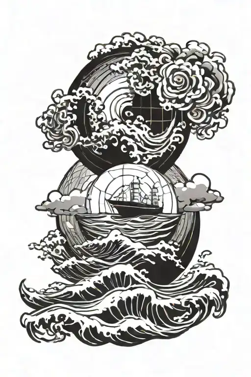 A wave crashing over a globe, symbolizing the client's love for surfing and travel tattoo design idea