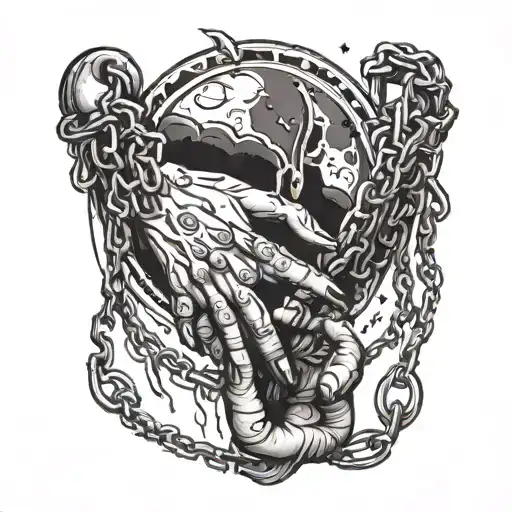 tattoo depicting hands bound by chains, reaching towards the moon tattoo design idea