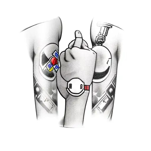 a right arm sleeve that features classic game characters, mainly from nintendo, make sure to include Link and Mario tattoo design idea