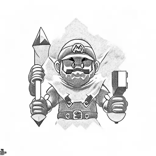 a right arm sleeve that features classic game characters, mainly from nintendo, make sure to include Link and Mario tattoo design idea