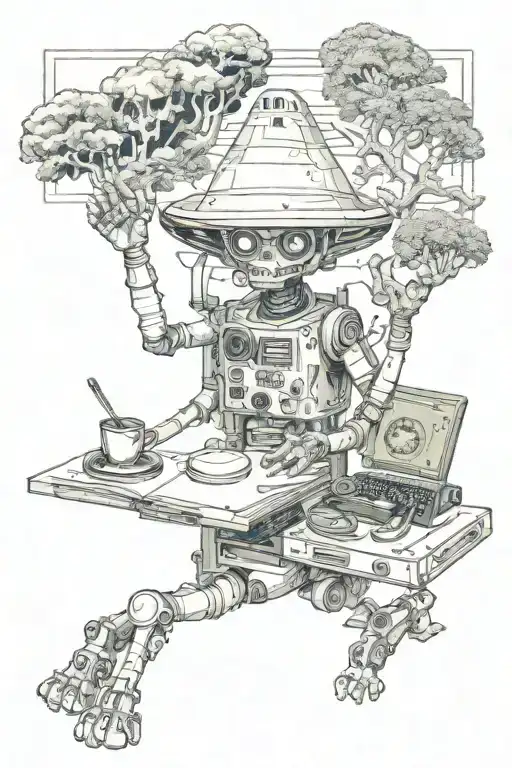 Mayan codex with an alien, astronaut, tree with roots, kitchen cutlery, camera  tattoo design idea