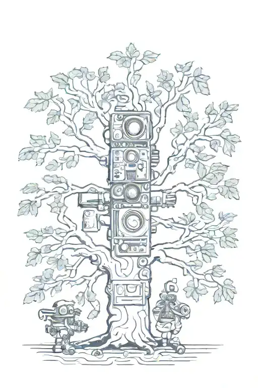 Mayan codex, tree with roots camera astronaut tattoo design idea