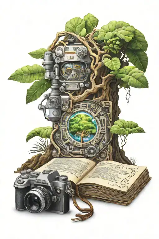 Mayan codex, tree with roots camera astronaut tattoo design idea
