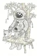 Mayan codex astronaut, tree with roots, cutlery, camera  tattoo design idea