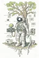 Mayan codex astronaut, tree with roots, cutlery, camera  tattoo design idea