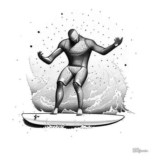 Surfer sit with its surfboard near  tattoo design idea