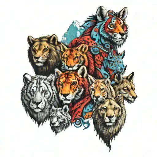 Totem Pole with 7 animals red taied boa, male moose, lion, bear, wolf, rabbit, and mountain lion tattoo design idea