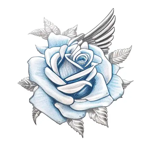 blue rose wreath with a sword and a parrot wing tattoo design idea