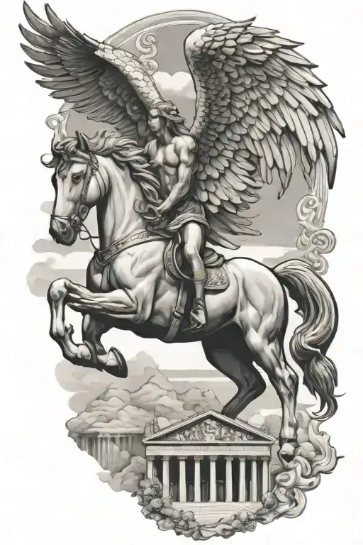 Greek mythology tattoo for an arm with a Pegasus flying over the Parthenon with mount olympus seen between the wings tattoo design idea
