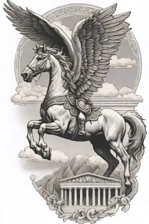 Greek mythology tattoo for an arm with a Pegasus flying over the Parthenon with mount olympus seen between the wings tattoo design idea