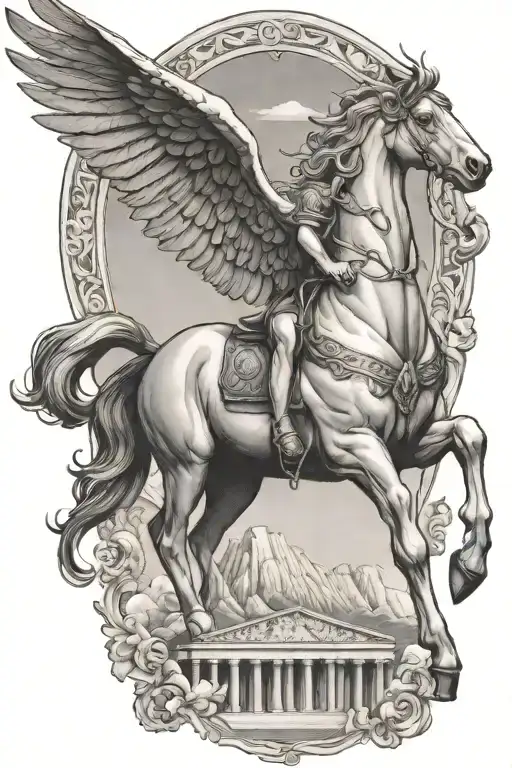 Greek mythology tattoo for an arm with a Pegasus flying over the Parthenon with mount olympus seen between the wings tattoo design idea