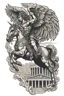Greek mythology tattoo for an arm with a Pegasus flying over the Parthenon with mount olympus seen between the wings tattoo design idea