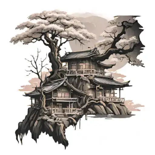 Mt. Fiji on top of the leg then it faded into a cherry blossom tree with a old fashioned Japanese house under it  tattoo design idea