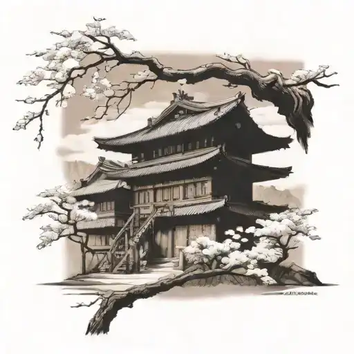 Mt. Fiji on top of the leg then it faded into a cherry blossom tree with a old fashioned Japanese house under i tattoo design idea