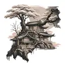 Mt. Fiji on top of the leg then it faded into a cherry blossom tree with a old fashioned Japanese house under it  tattoo design idea