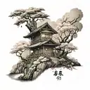 Mt. Fiji on top of the leg then it faded into a cherry blossom tree with a old fashioned Japanese house under it  tattoo design idea