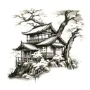 Mt. Fiji on top of the leg then it faded into a cherry blossom tree with a old fashioned Japanese house under it  tattoo design idea