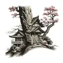 Mt. Fiji on top of the leg then it faded into a cherry blossom tree with a old fashioned Japanese house under it  tattoo design idea