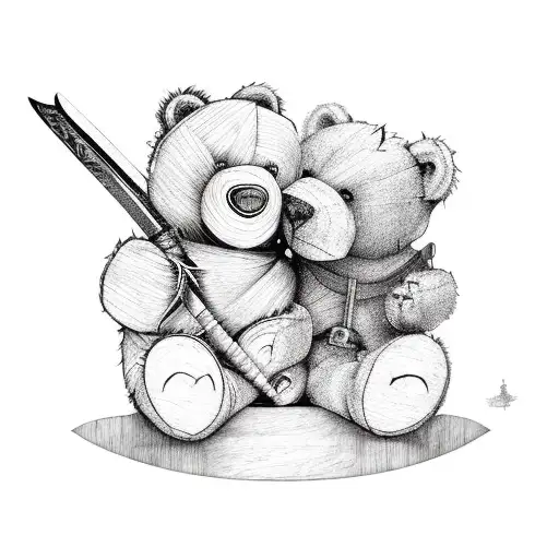 old weathered teddy bear with a sword on his back surrounded by a garden  tattoo design idea